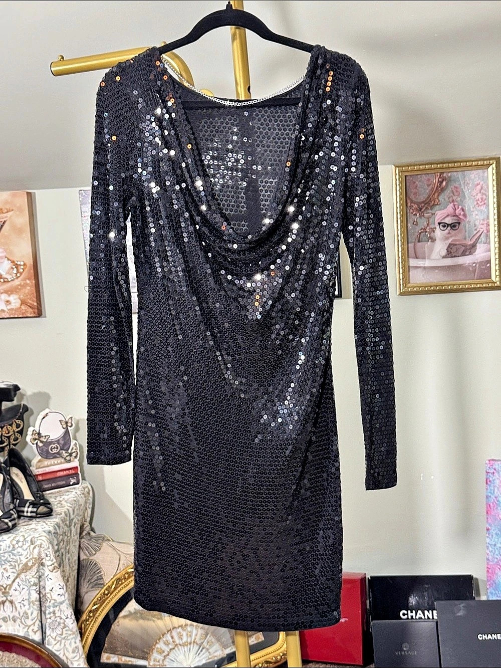 Michael Kors Sequin Knit Cowl Back Chain Dress Sequin Mini Dress in Black AS IS